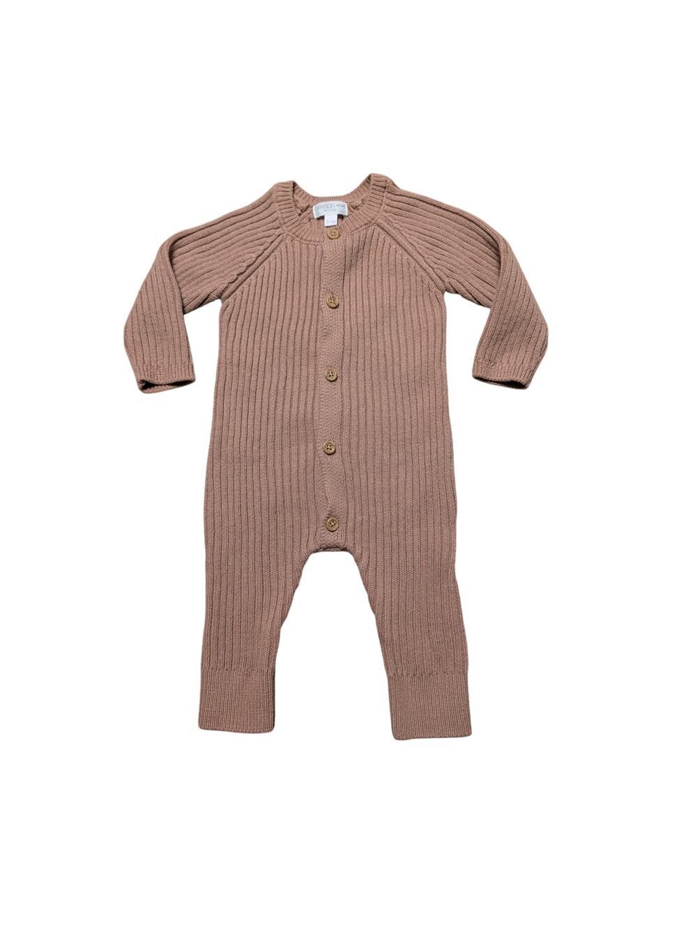 Grayson Mini, 3-6 mos; cable knit, ribbed sweater baby ropmper/outfit, Tan/brown